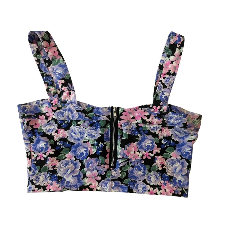 Forever 21 Floral Bustier Crop Top Purple Pink Rose Print Back Zip Size Medium